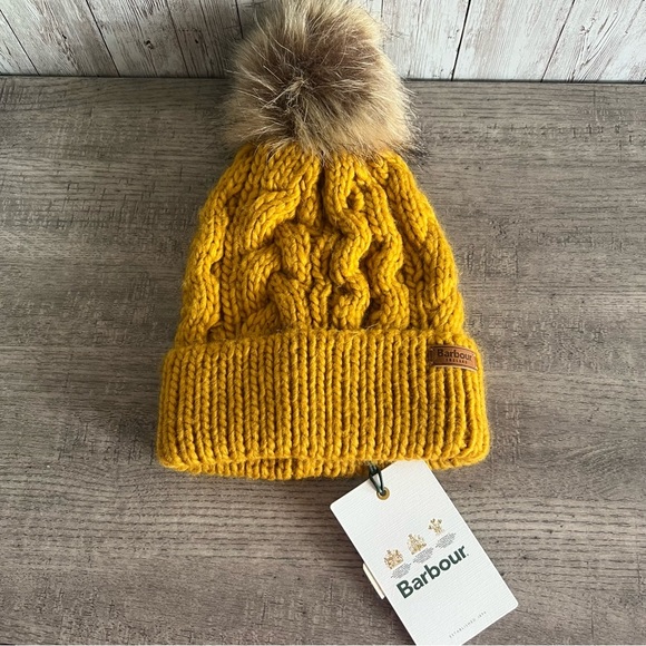 Barbour Womens Penshaw Yellow Cable Knit Pom-Pom Hat New main image 4